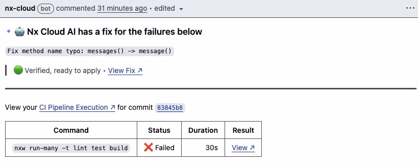Nx Cloud PR comment with AI fix suggestion